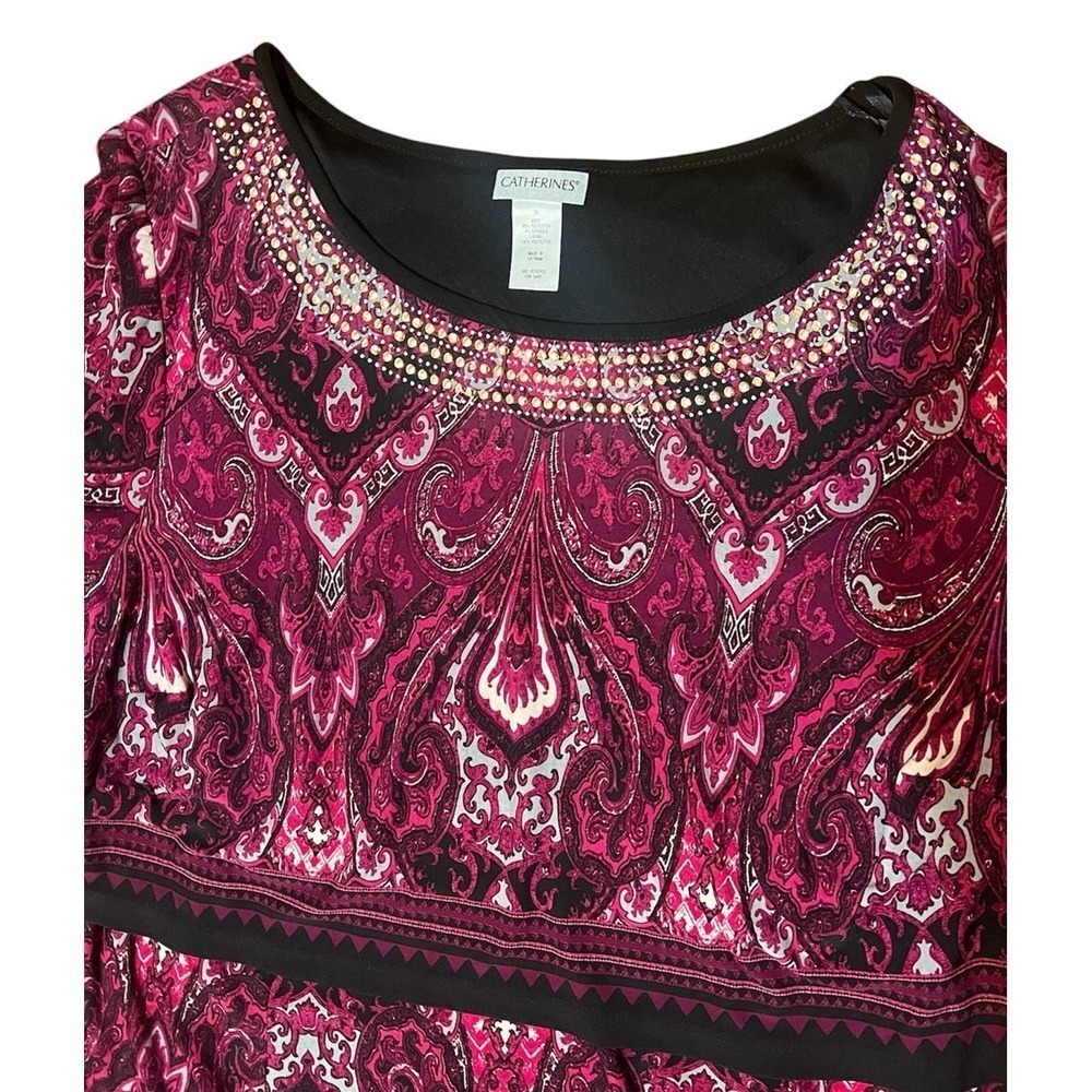 Catherine's Pink Floral With Silver Details Lightweight Long Top 3X - Picture 2 of 4